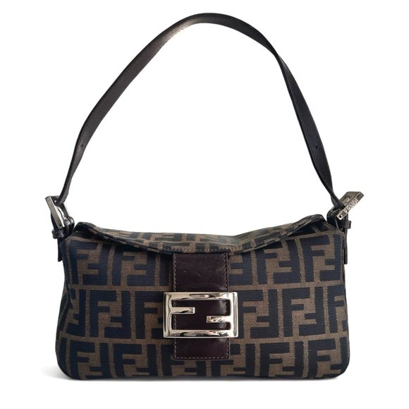 Fendi Handbags - FENDI Zucca Mamma Baguette Canvas Leather Shoulder Bag Brown